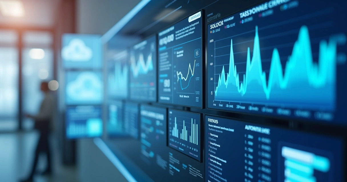 Painel digital com gráficos e dados fiscais em telas flutuantes, simulando inteligência fiscal em nuvem 