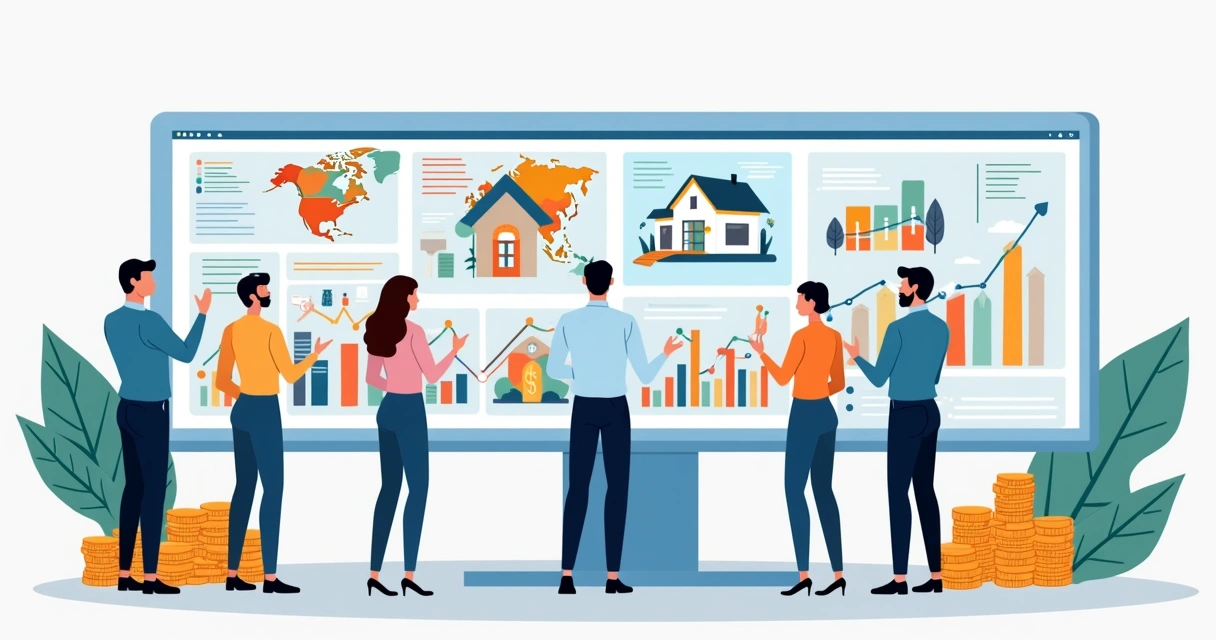 Equipe analisando dados de mercado imobiliário em painéis digitais 