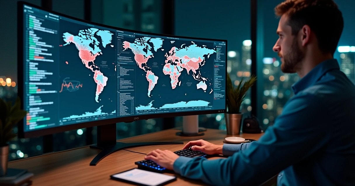 Painel de inteligência preditiva mapeando riscos emergentes em tela de analista de dados 
