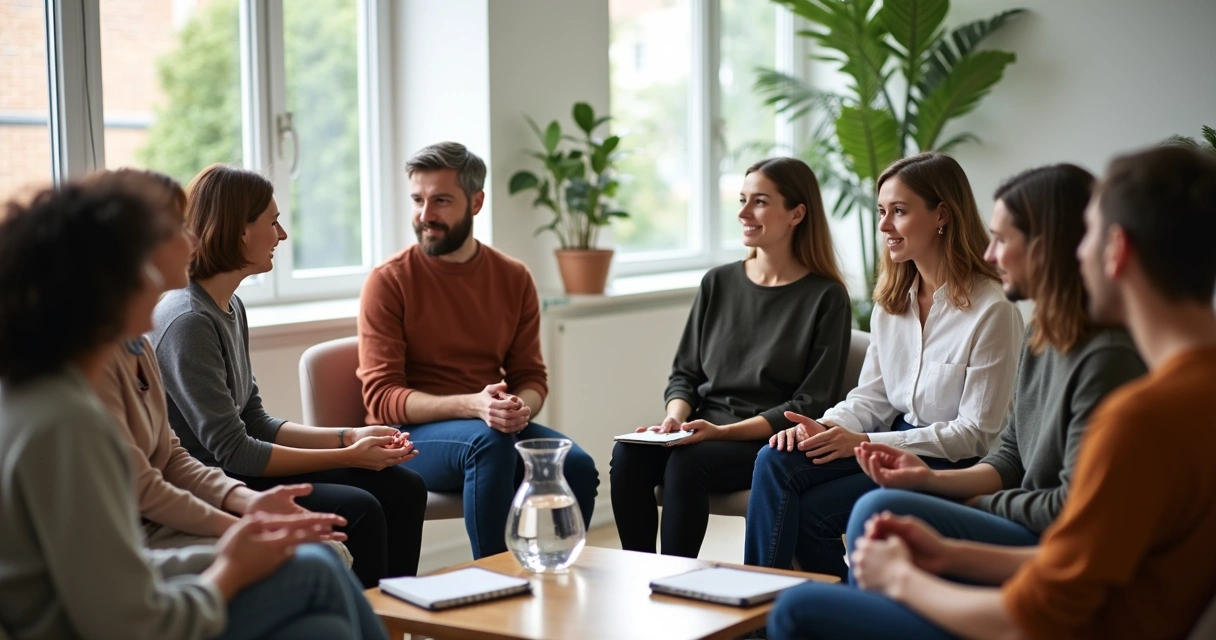 Grupo diverso sentado em círculo conversando e criando vínculos 