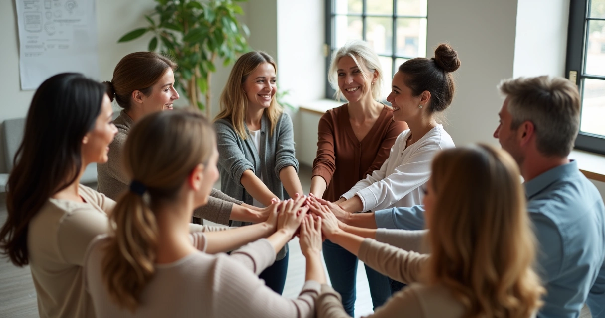 Grupo diverso de pessoas em círculo conectando as mãos em ambiente moderno 