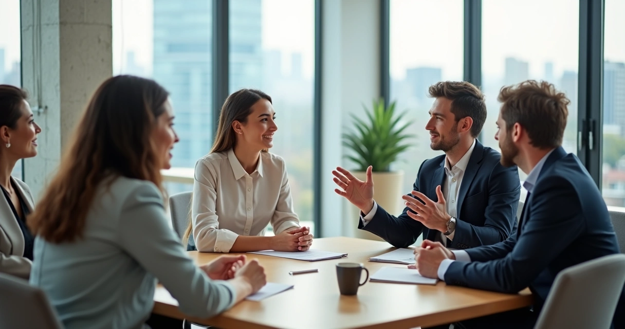 Grupo diverso de profesionales conversando en círculo en una sala luminosa 