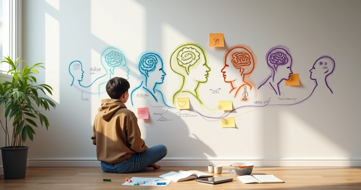 Jovem desenhando mural colorido sobre inteligência socioemocional 