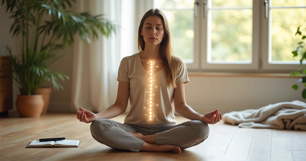 Persona sentada en postura meditativa integrando mente y cuerpo con una silueta luminosa 