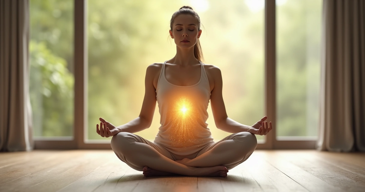 Pessoa em posição de meditação com luz suave conectando corpo e mente 