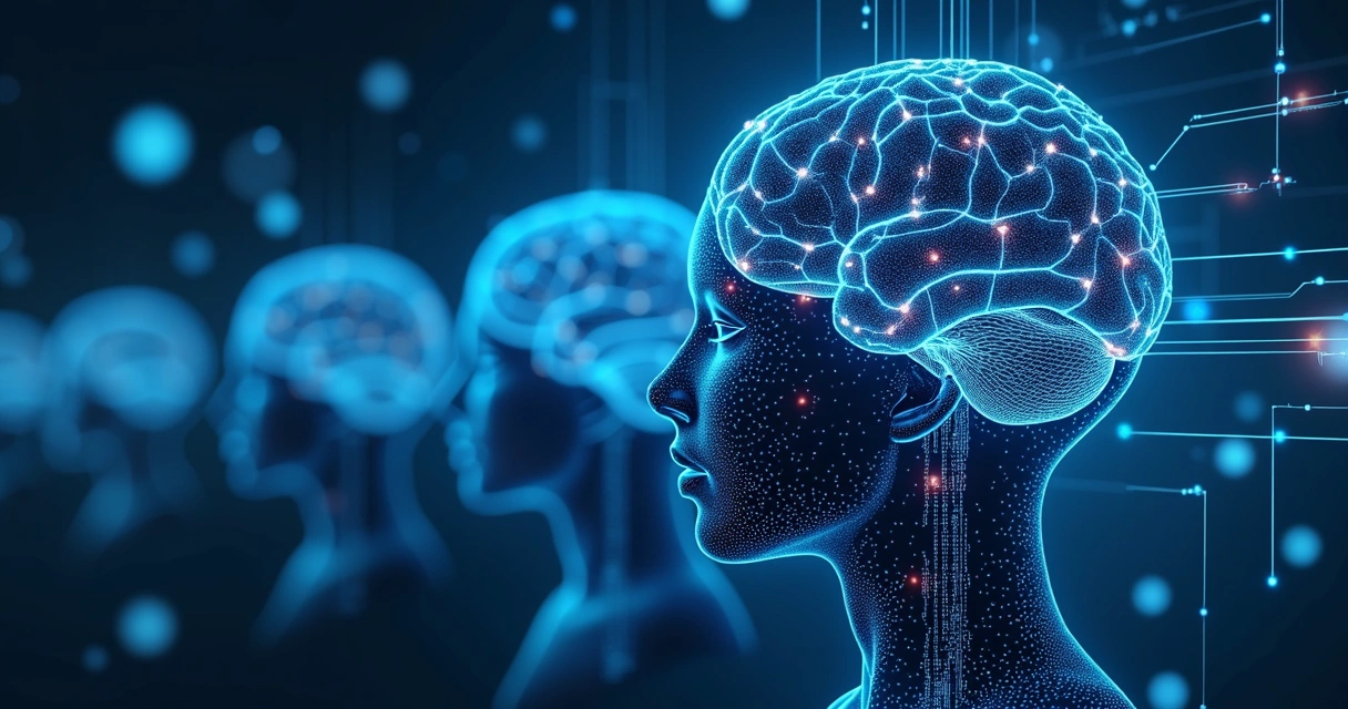 Representação digital de inteligências artificiais com circuitos e elementos tecnológicos em fundo moderno azul 