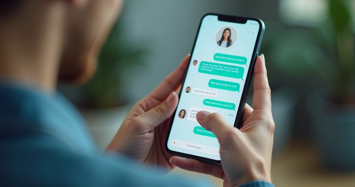 Agente virtual de atendimento digitando em tela de smartphone