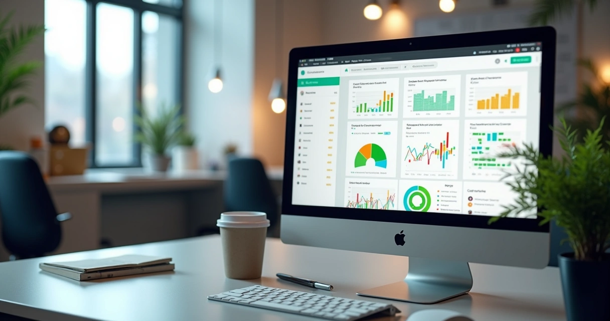 Mesa de escritório com computador exibindo dashboard de bot inteligente 