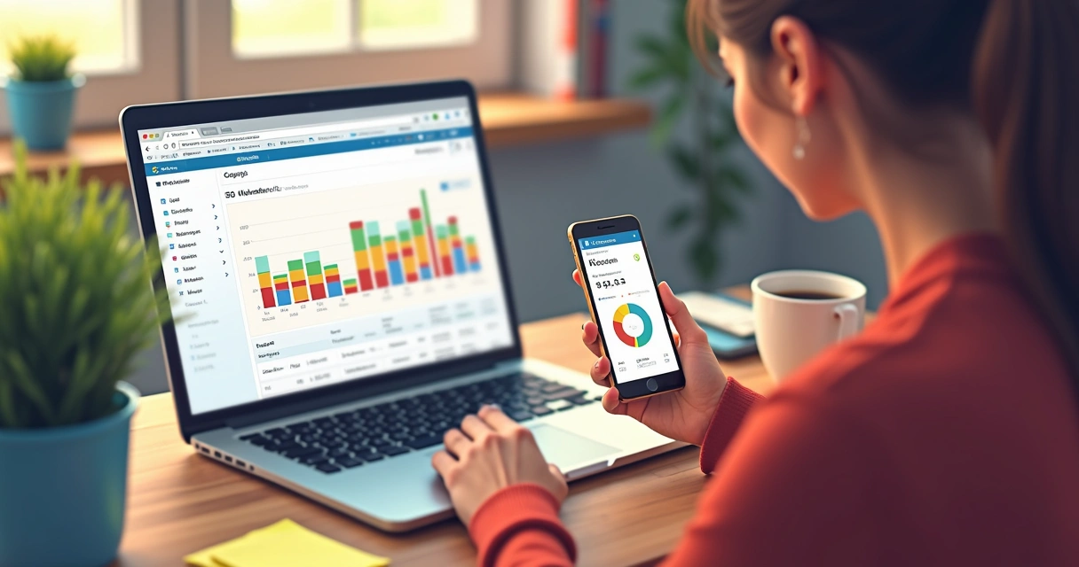 Mulher analisando gráfico de SEO em smartphone