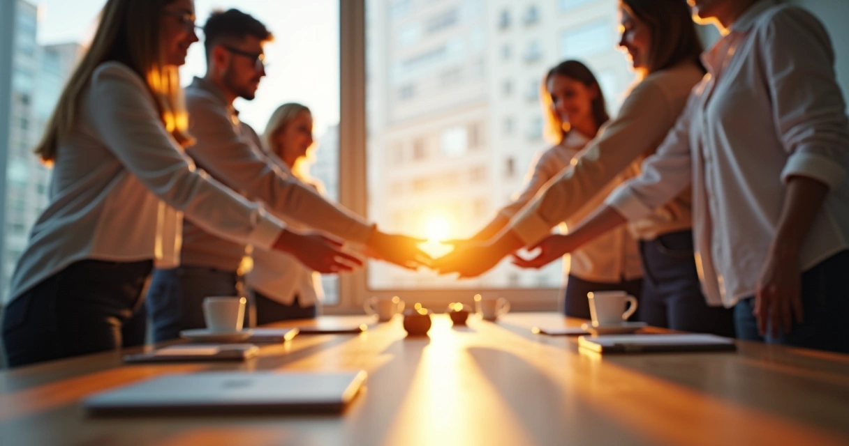 Equipe em círculo com mãos unidas emitindo luz suave no centro da mesa 