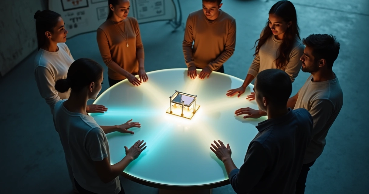 Círculo de pessoas ao redor de mesa iluminando um protótipo com fluxo de luz coletiva 