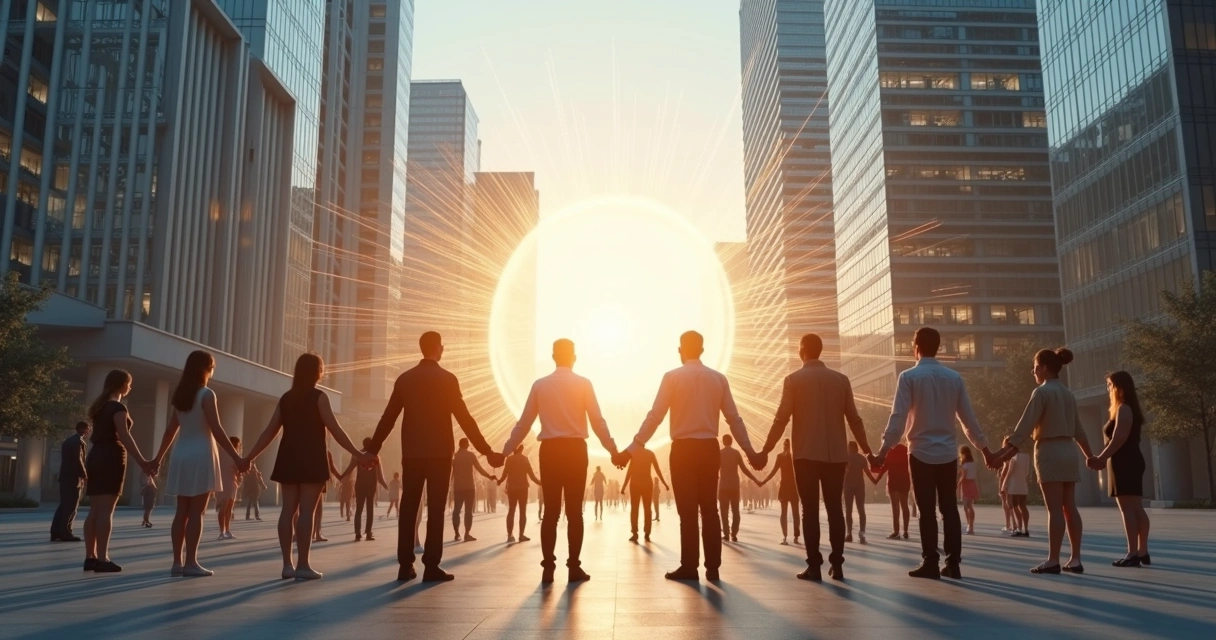 Grupo diverso de pessoas unindo as mãos formando uma luz que se eleva sobre prédios institucionais 