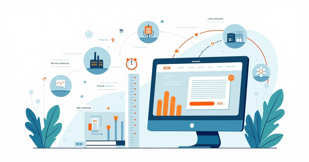 Ilustração de jornada B2B passando por landing page com termômetro de intenção de compra 