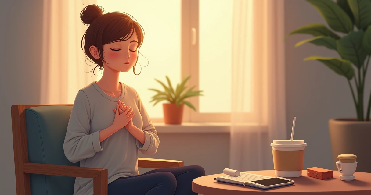 Pessoa de olhos fechados com expressão serena colocando a mão sobre o peito