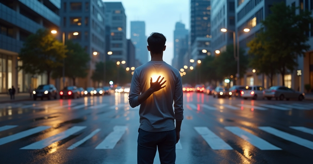 Pessoa em uma encruzilhada urbana iluminada segurando luz no peito 