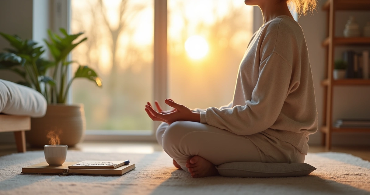 Pessoa meditando perto da janela com caderno de anotações ao lado 