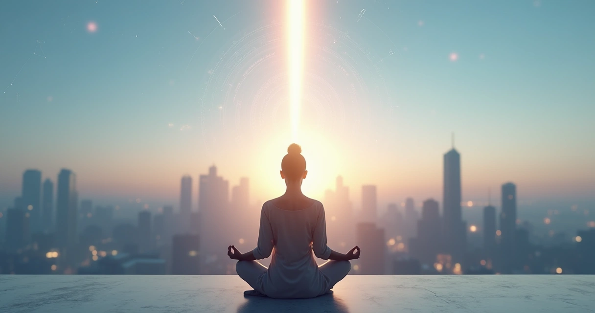 Pessoa meditando diante de horizonte futurista com luz saindo da cabeça 