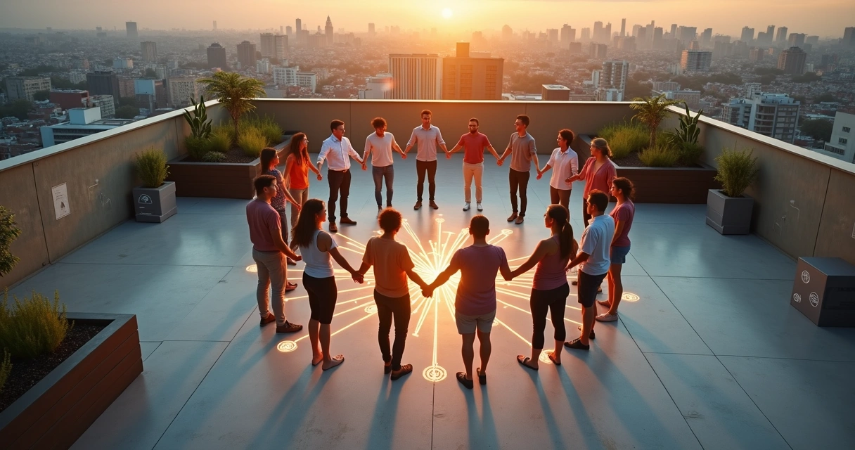 Círculo de pessoas em terraço urbano conectadas por linhas luminosas vistas de cima 