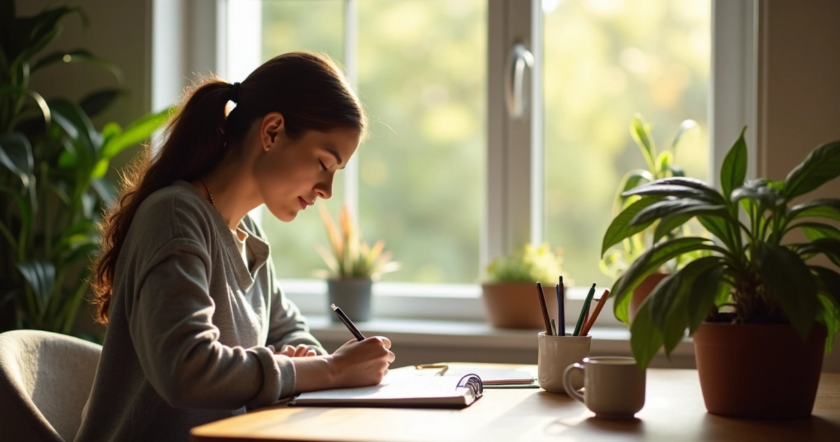 Pessoa escrevendo intenções em um caderno pela manhã