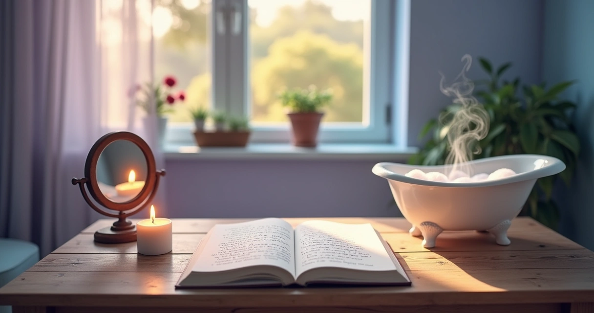 Um interior sereno com uma vela acesa, um espelho, um diário de gratidão e um banho rituais com bolhas.