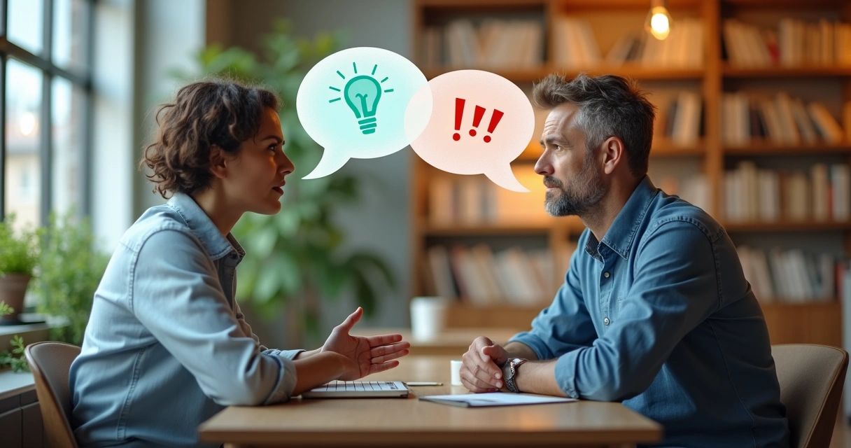 Duas pessoas conversando frente a frente com balões de fala diferentes entre intenção e impacto 