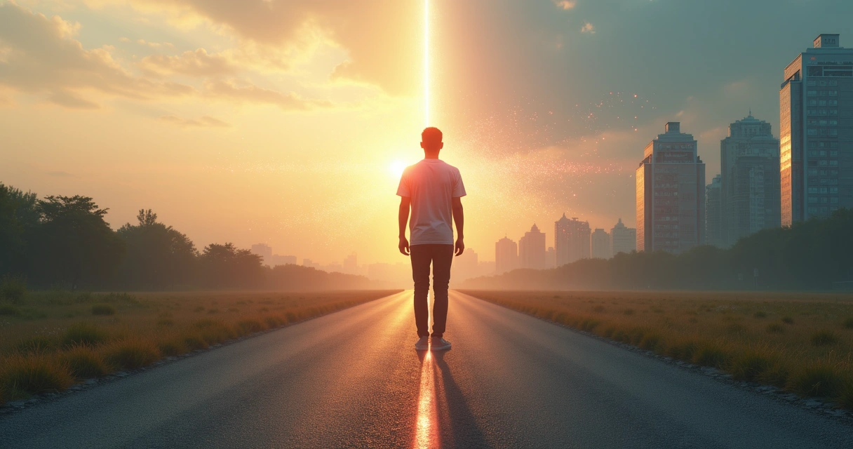 Pessoa em pé entre luz e cidade cinza simbolizando intenção e impacto 