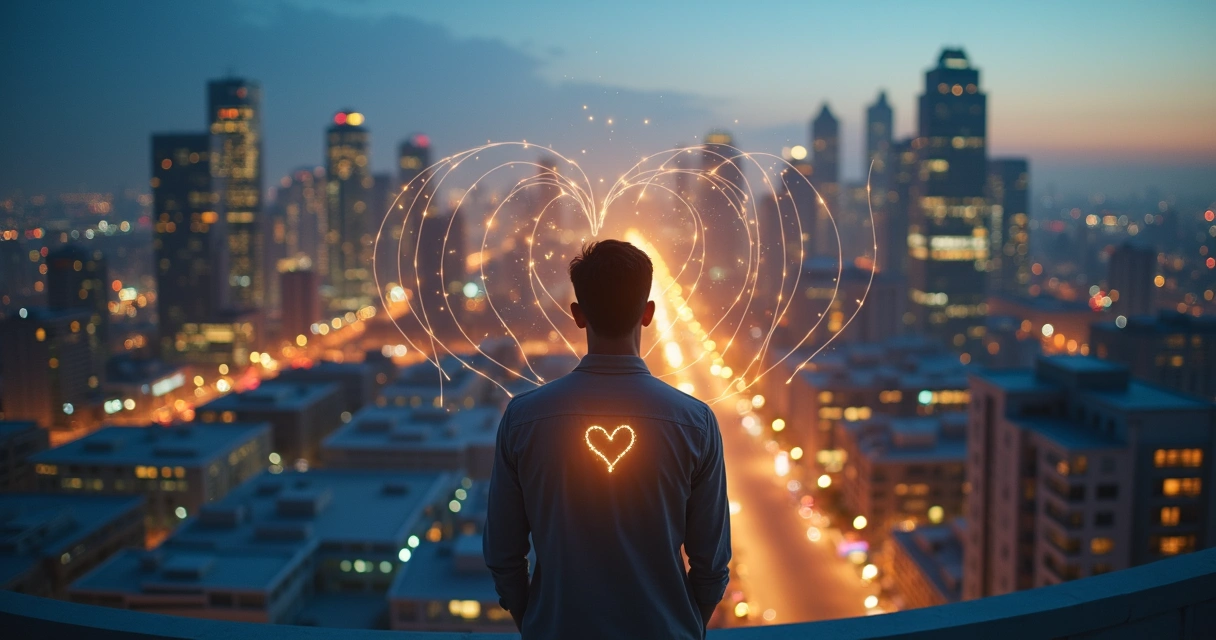 Pessoa de costas em frente a cidade conectada por linhas de luz simbolizando impacto social 
