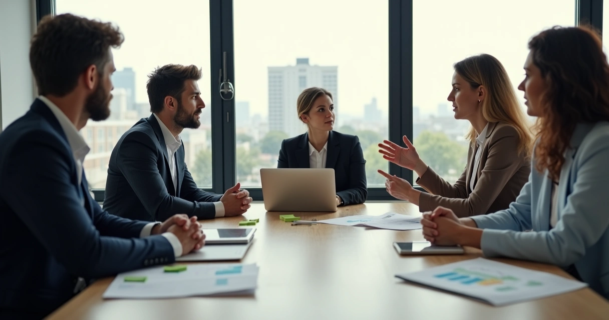 Reunião de equipe em mesa de trabalho com foco em uma pessoa calada influenciando o grupo 