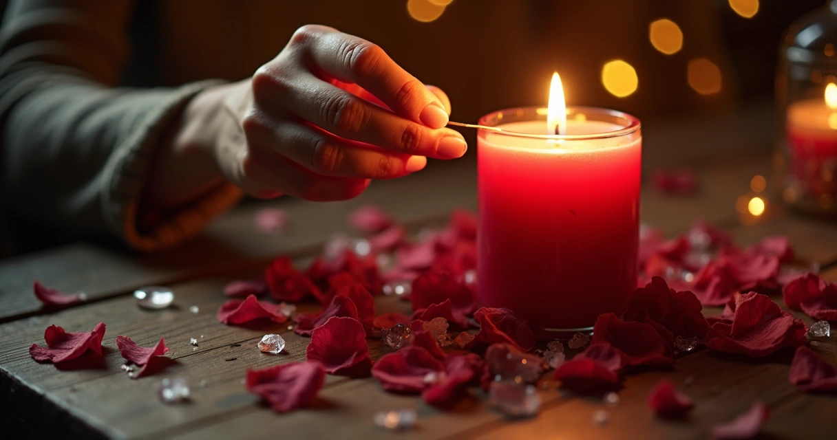 Mão acendendo vela vermelha em ambiente escuro 