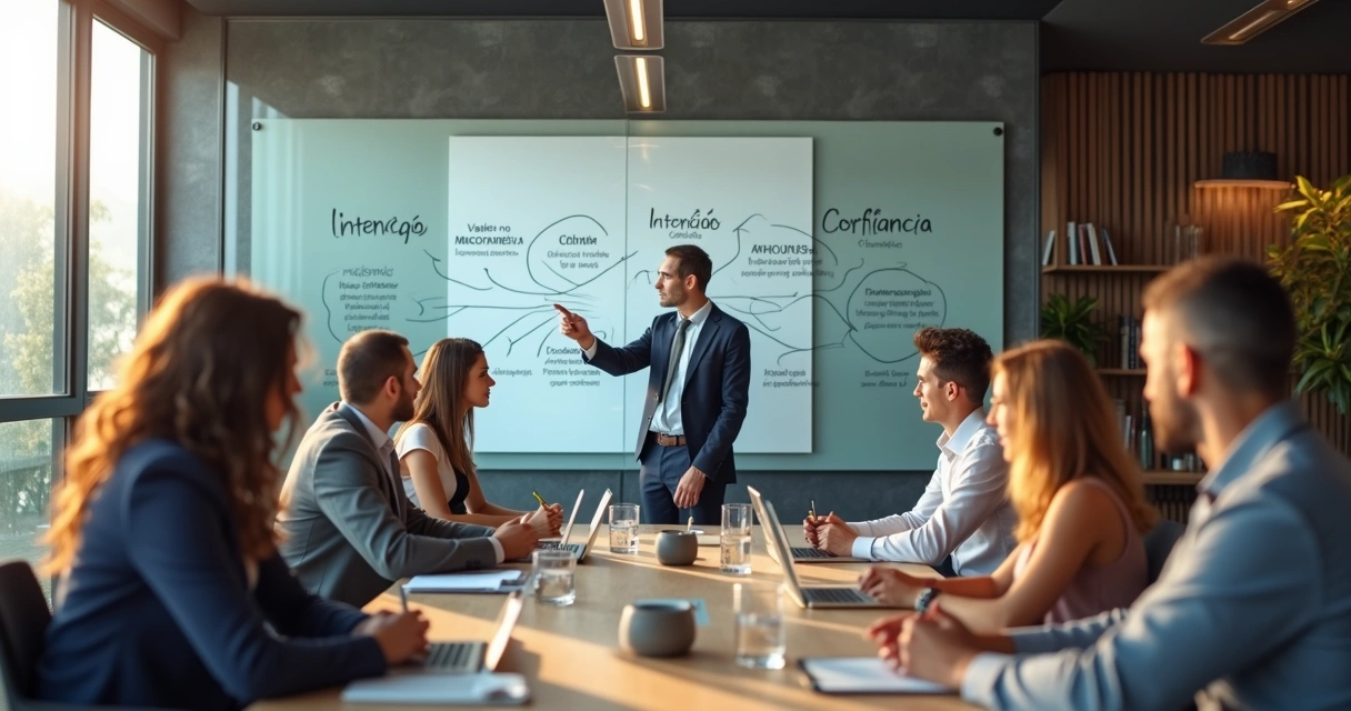 Líder em reunião apontando para mural com palavras sobre valores e cultura organizacional 