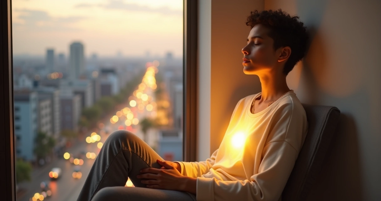 Persona con ojos cerrados irradiando una luz suave que conecta con la ciudad al fondo 