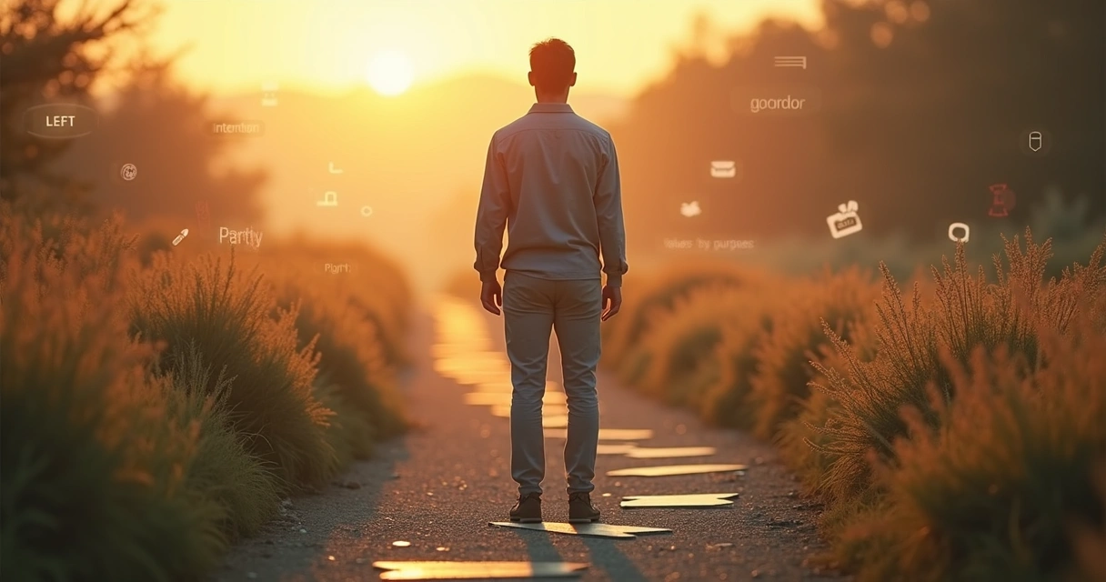 Persona frente a un camino dividido entre intención y acción 