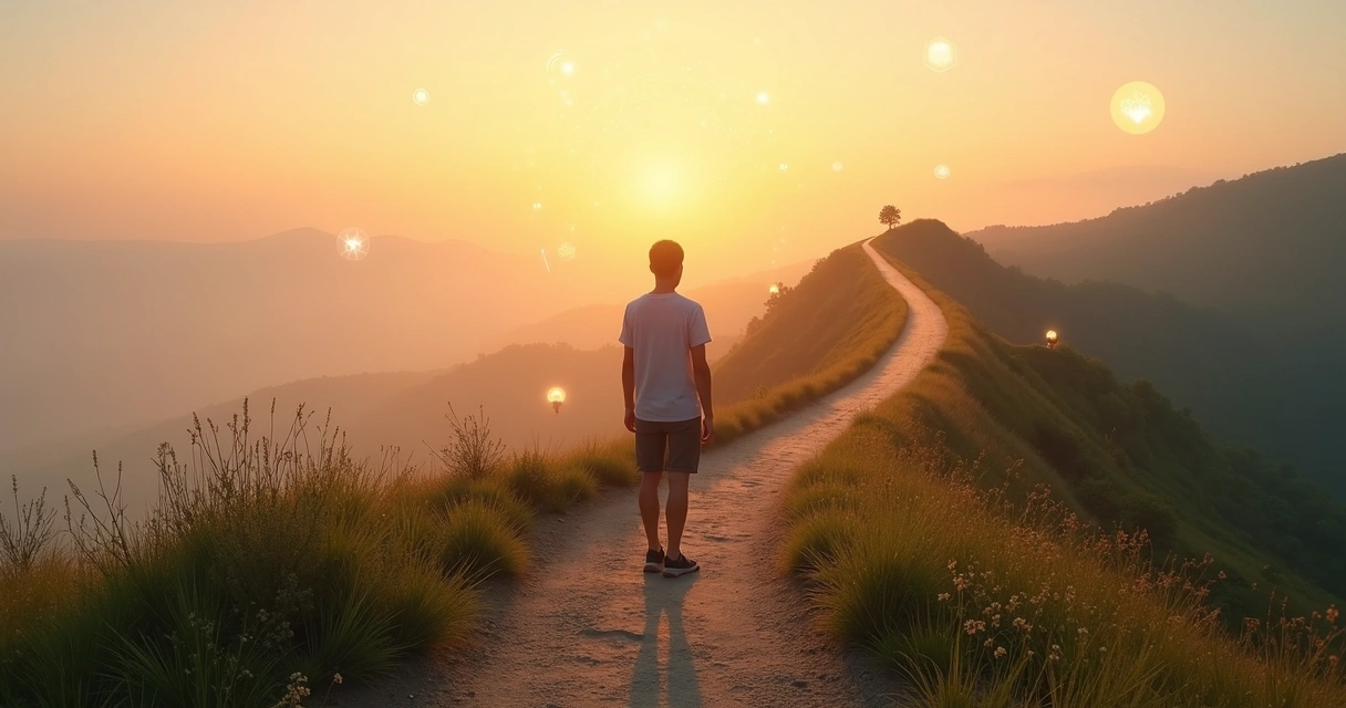 Persona en cruce de caminos eligiendo entre intención y propósito en desarrollo personal 