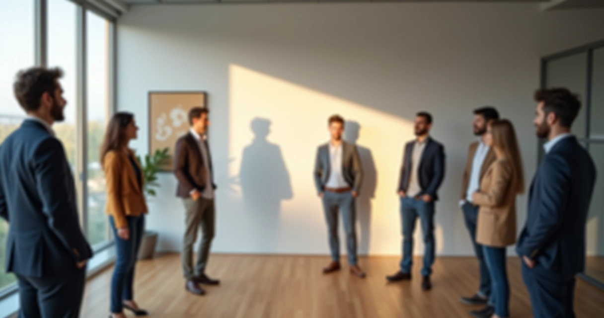 Grupo de personas en círculo con una persona proyectando una sombra diferente en la pared 