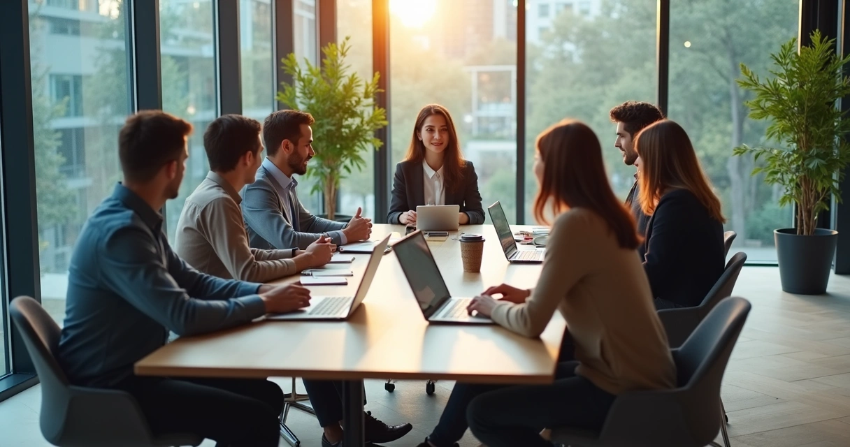 Equipe em reunião com foco em conexão sutil no ambiente de trabalho 