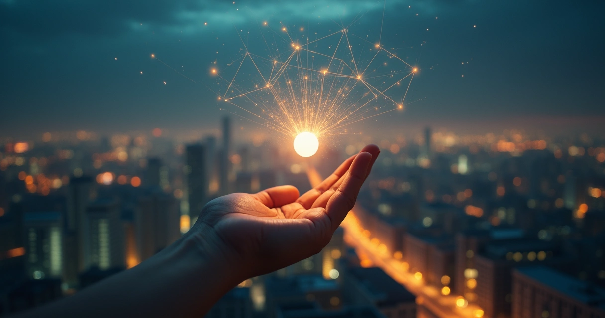 Mão soltando pequena luz que se transforma em rede luminosa sobre cidade vista de cima 