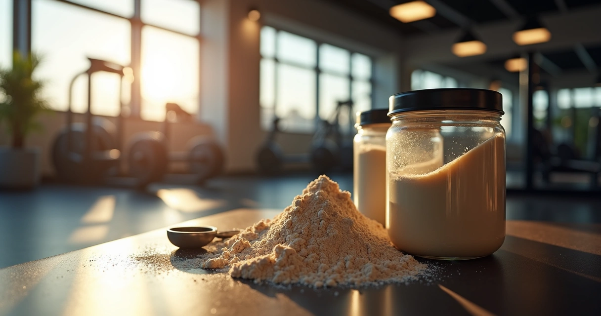 Potes de suplemento de proteína e colher medidora em bancada, com fundo desfocado de academia 