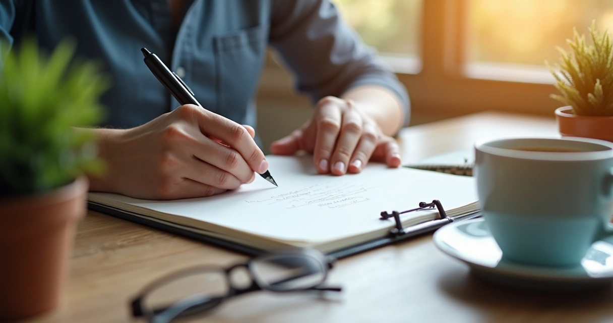 A person writing clear intentions on a notepad surrounded by daily items 