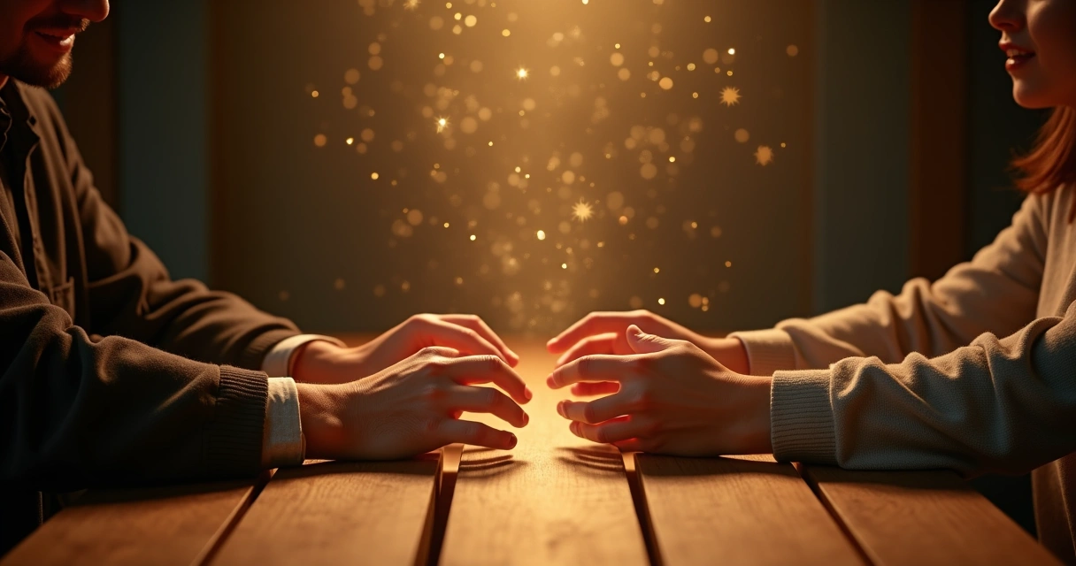 Two people sitting across from each other at a table, soft light between their hands suggesting energy exchange, with abstract patterns extending outward on the walls.