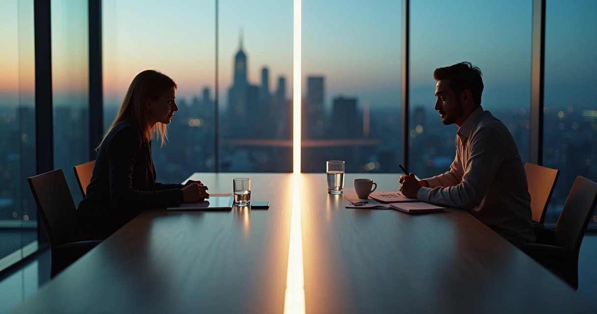 Transparent vertical line dividing two negotiators at a modern table 