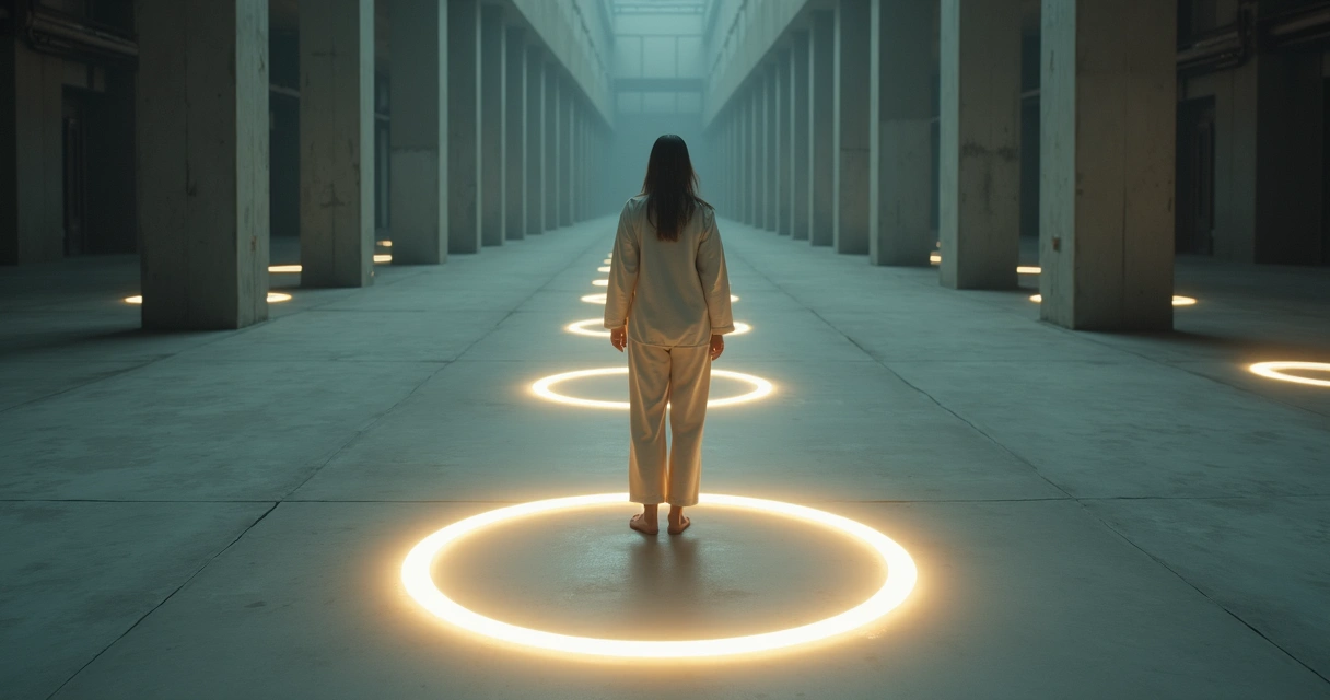 Person drawing shifting circular patterns of light on concrete floor 