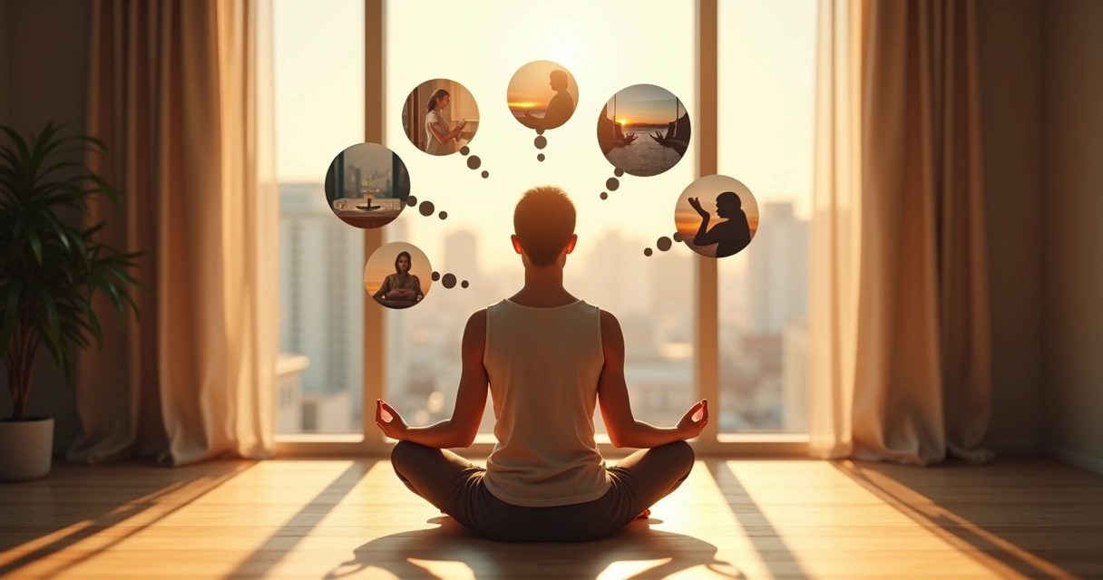 Person meditating in a quiet room, illuminated by gentle sunlight, with thought bubbles showing intention and connection to action 