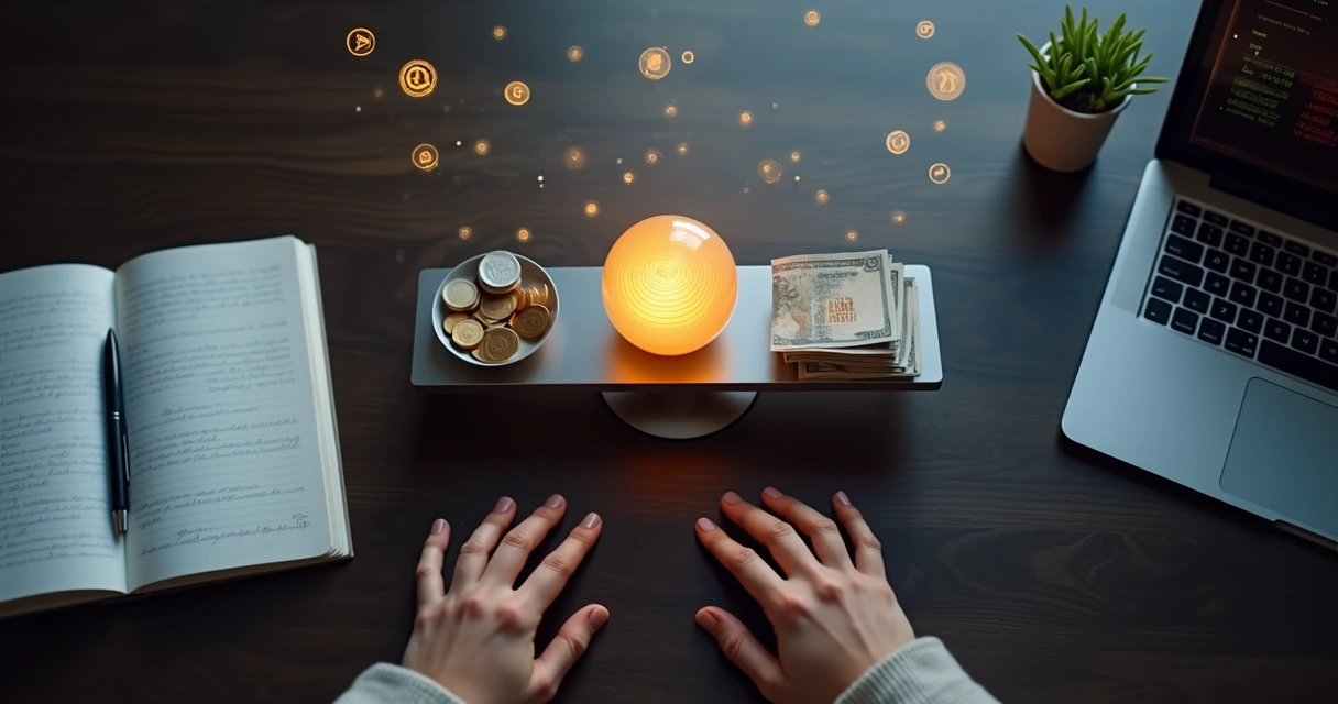 Person balancing glowing intention symbol and financial icons on a scale 