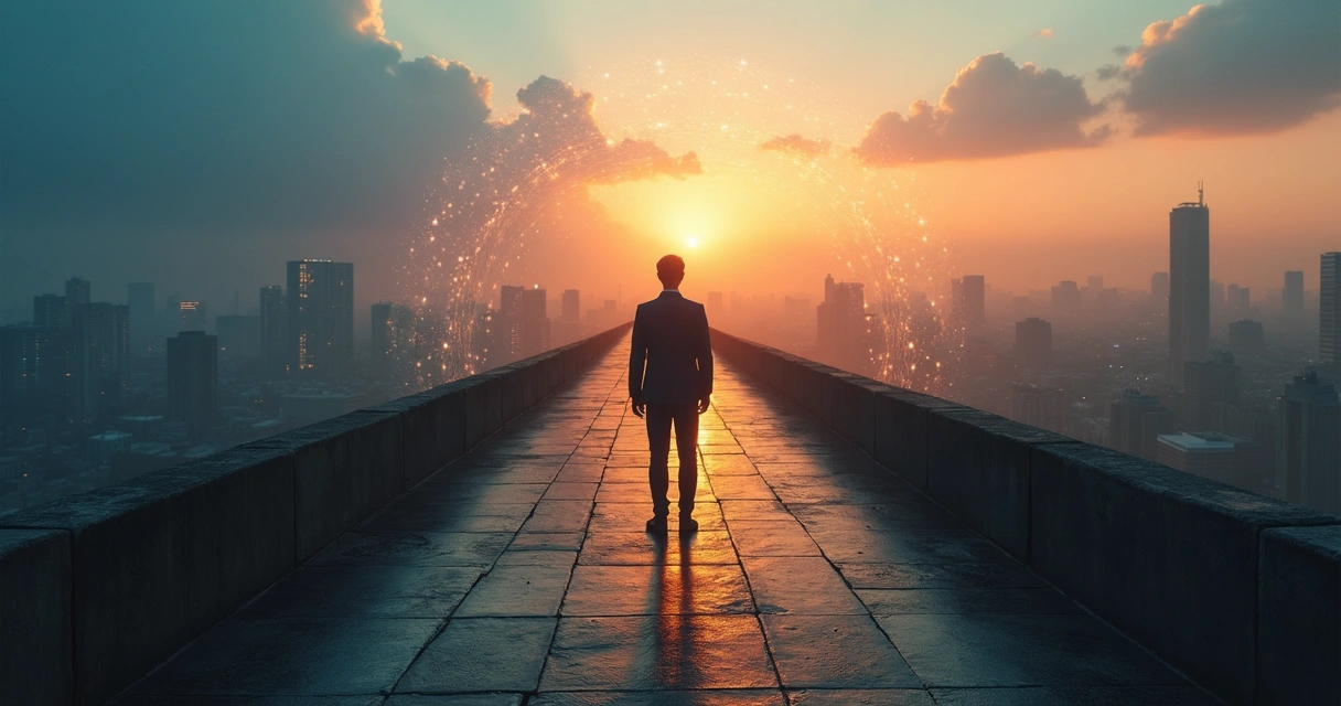 Person standing at a crossroads between past and future cityscapes 