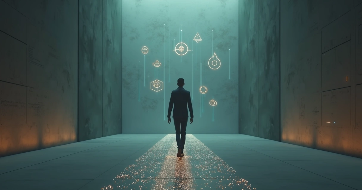 Person walking along luminous trail with floating geometric symbols representing tracked habits 