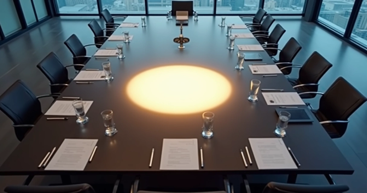 Meeting table seen from above with agenda papers and a glowing circle of light in the center 