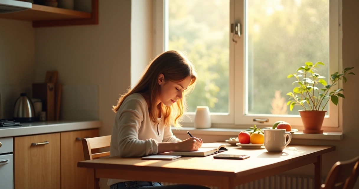 Person enjoying a slow breakfast by a sunlit window, wooden table with fresh food