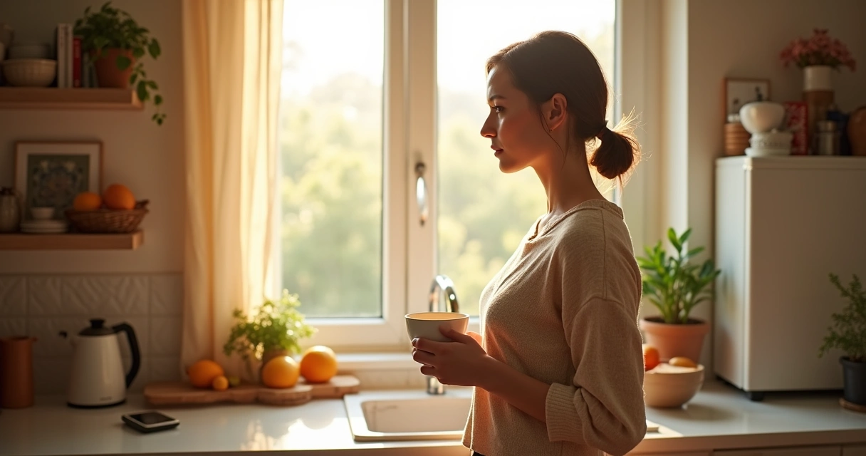Woman pausing with coffee in kitchen sunlight
