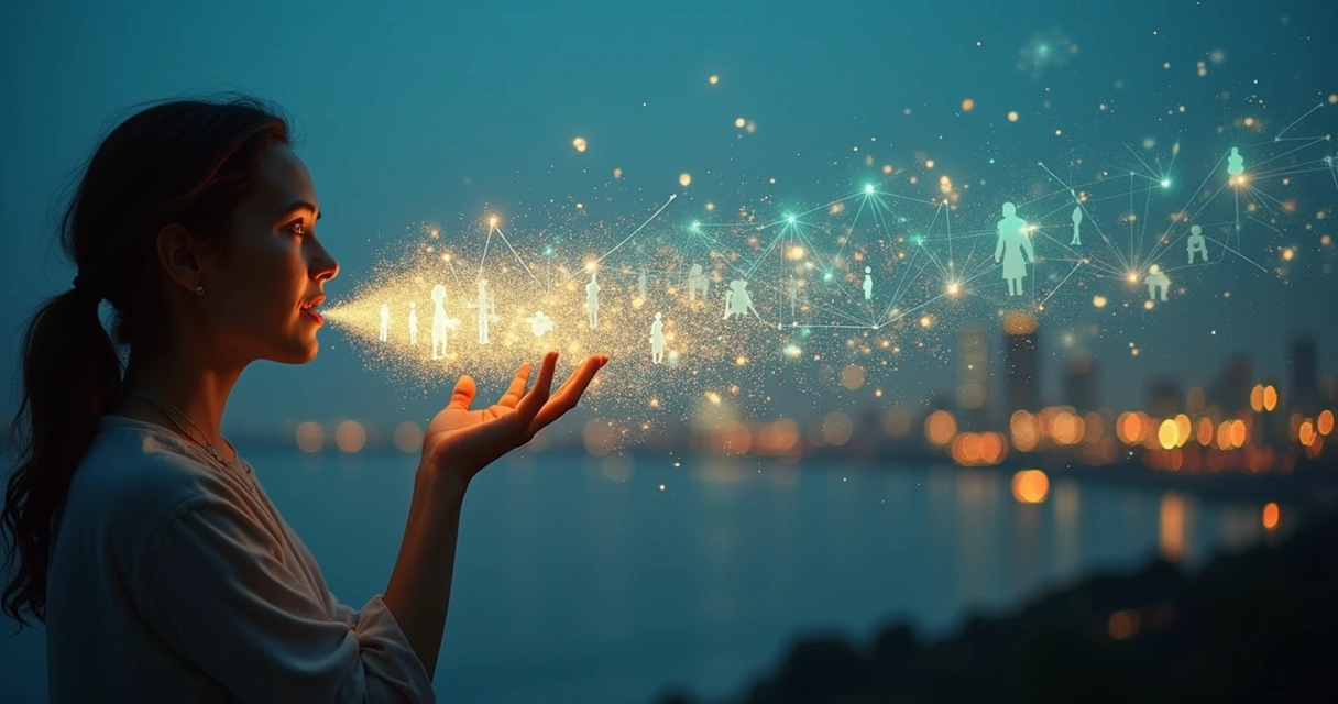 Person speaking with glowing words forming a connected city and people network 