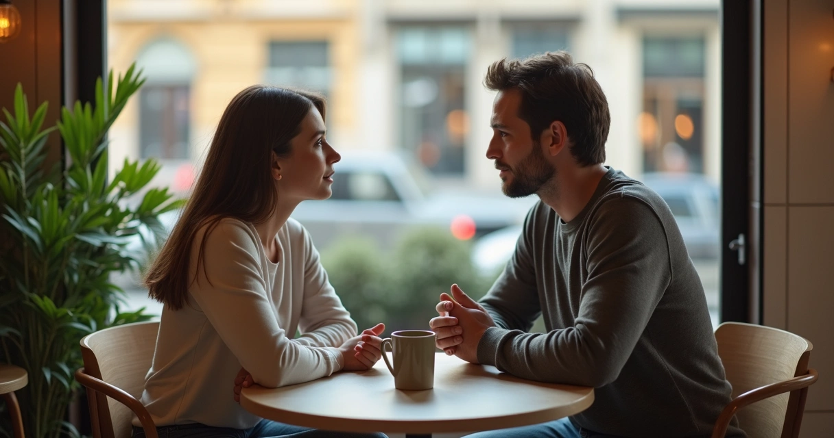 Two people leaning in to each other in conversation at a quiet cafe table 